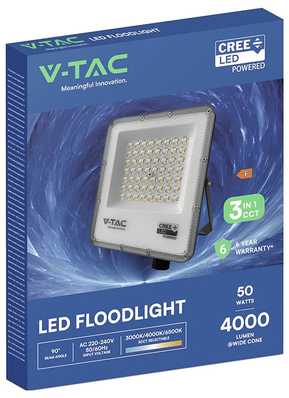 The image shows packaging for a V-TAC LED floodlight. It highlights '50 watts', '4000 lumens', '3 in 1 CCT', with '6-year warranty'.