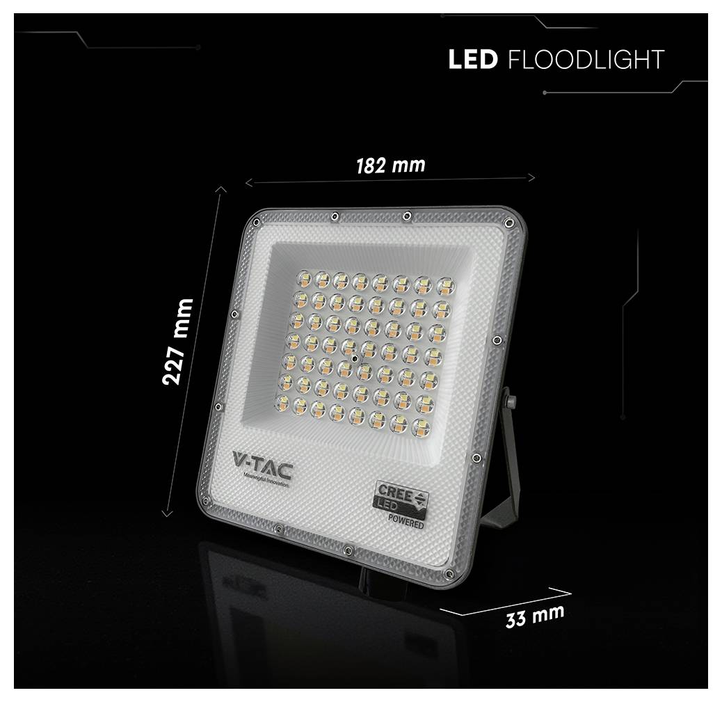LED floodlight with dimensions: 227 mm tall, 182 mm wide, and 33 mm deep. It features V-TAC and CREE LED branding on the front.