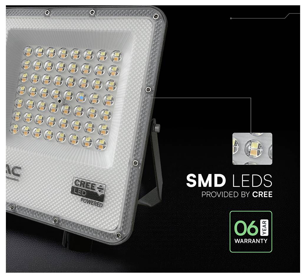 A close-up of a LED floodlight with numerous SMD LEDs, labeled 'SMD LEDs provided by Cree', featuring a '6-year warranty' badge.