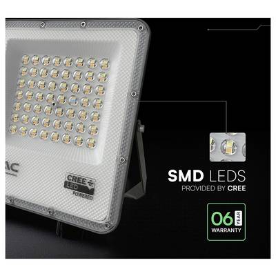 A close-up of a LED floodlight with numerous SMD LEDs, labeled 'SMD LEDs provided by Cree', featuring a '6-year warranty' badge.