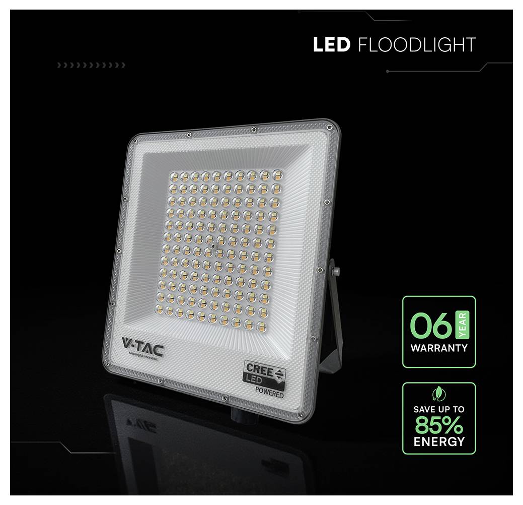 LED floodlight with multiple bulbs, labeled 'V-TAC', offers 6-year warranty and claims to 'Save Up to 85% Energy'.