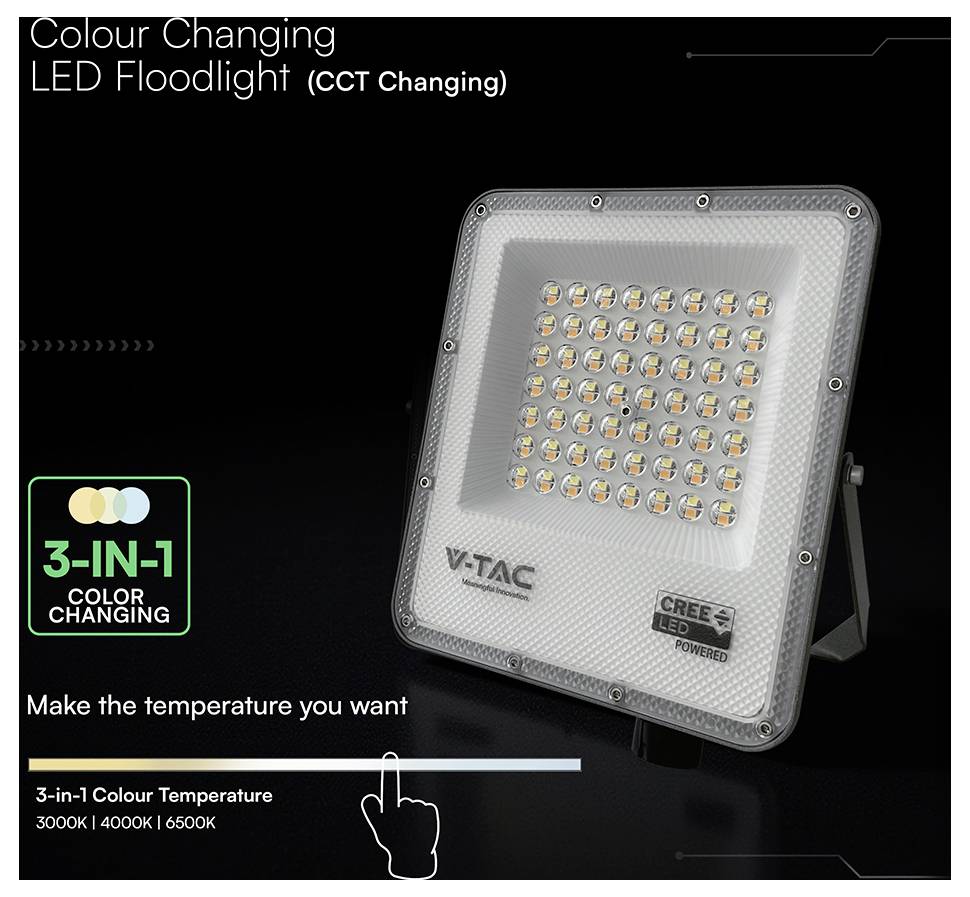 Colour changing LED floodlight with adjustable CCT; includes settings for warm (3000K), natural (4000K), and cool white (6500K).