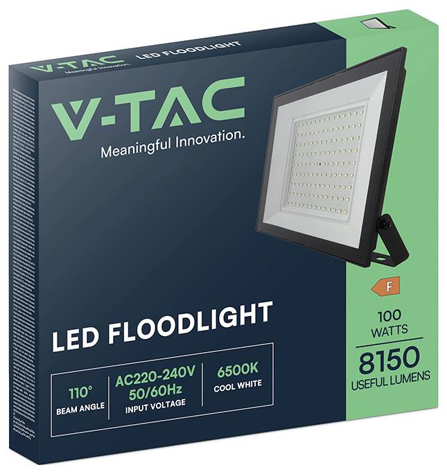Box for a 100-watt LED floodlight by V-TAC. Features include 110° beam angle, 6500K cool white, 8150 lumens, and energy class F.