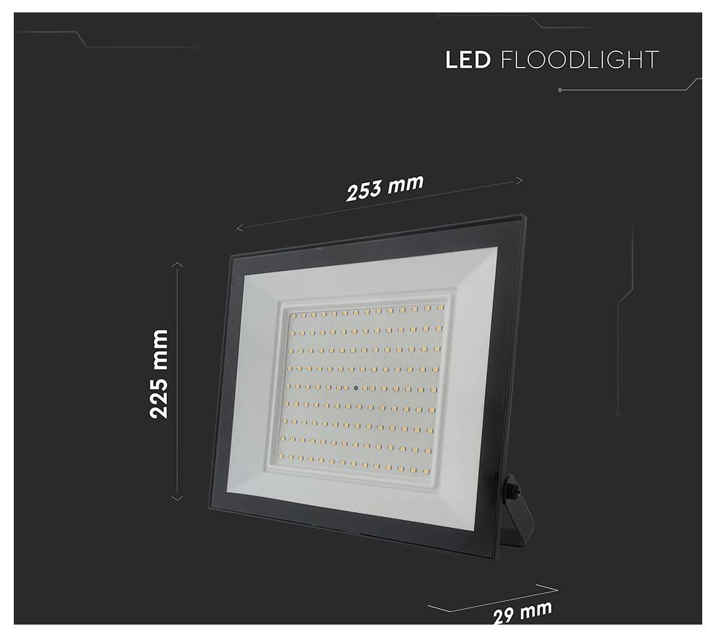 'LED Floodlight' labeled image showing dimensions: 253 mm width, 225 mm height, and 29 mm depth.