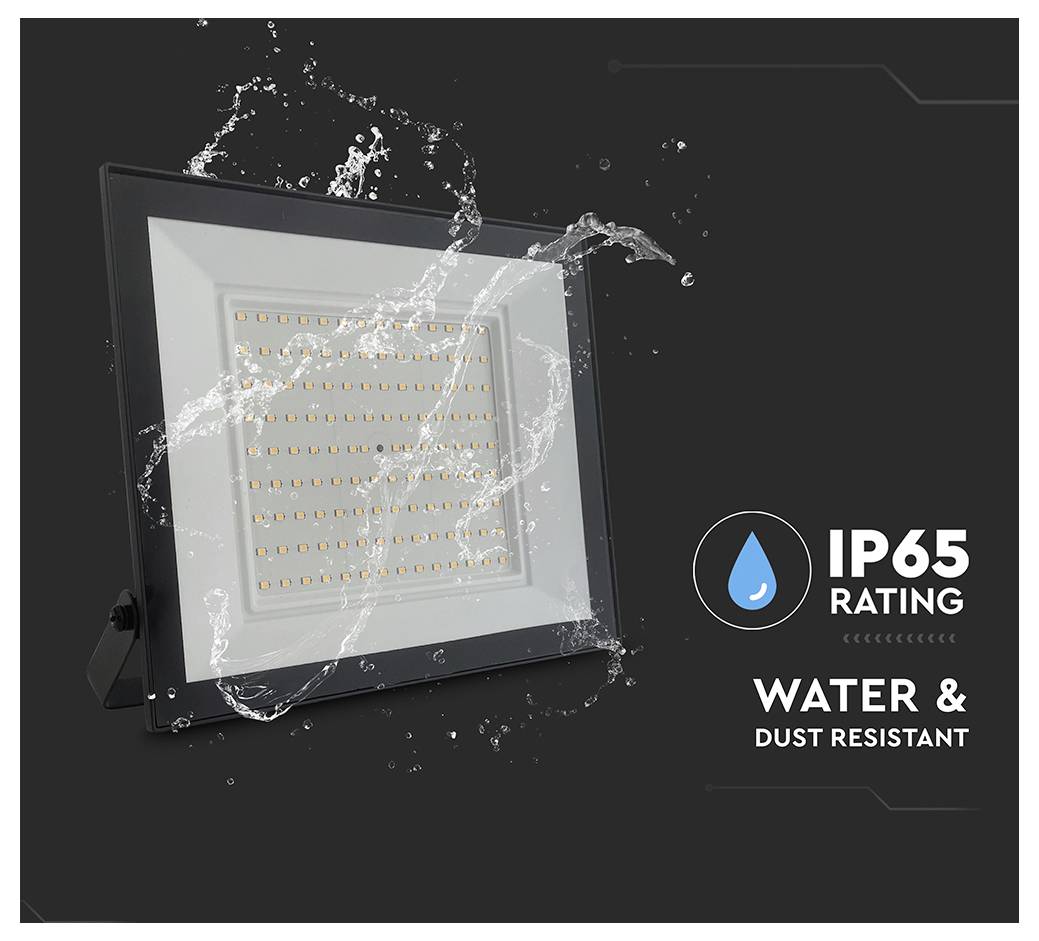 An LED light with water splashes, labeled 'IP65 rating', indicating water and dust resistance.
