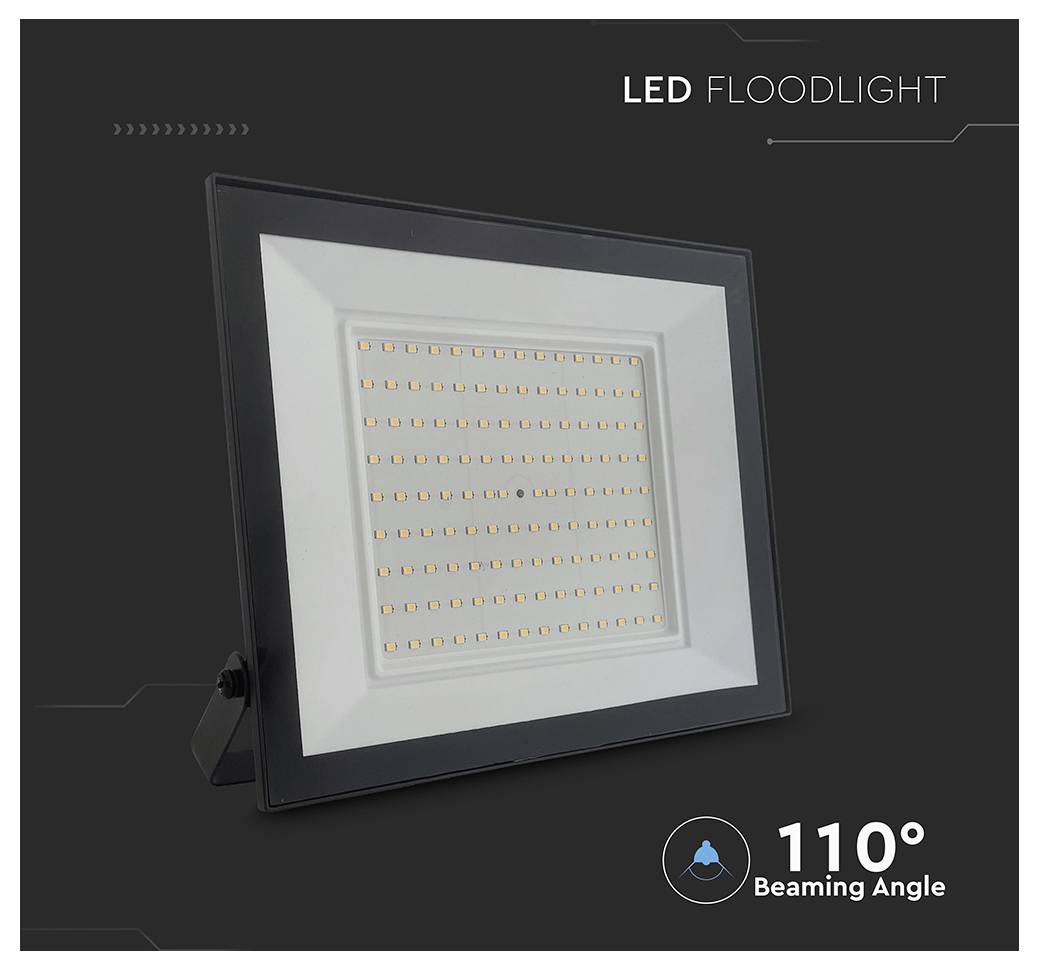 'LED Floodlight' with a 110-degree beaming angle, showing a rectangular panel with multiple LED bulbs, against a dark background.