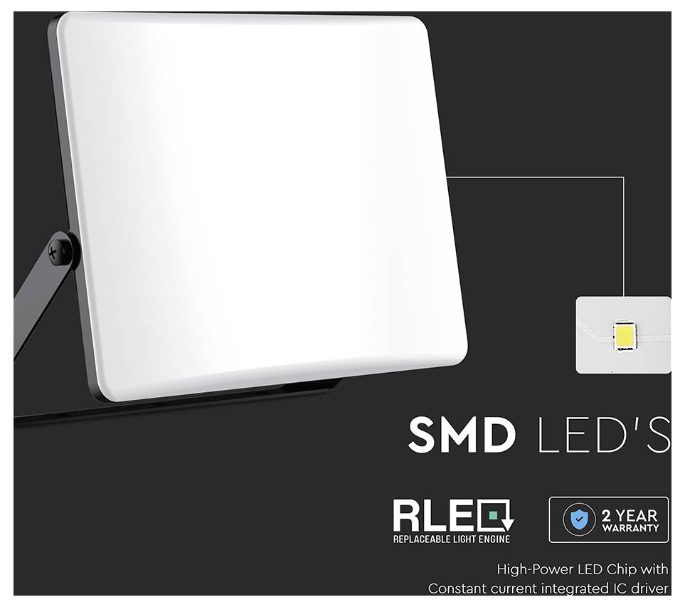 A rectangular LED floodlight with 'SMD LED's' text, featuring RLE replaceable light engine and a '2 Year Warranty' badge.