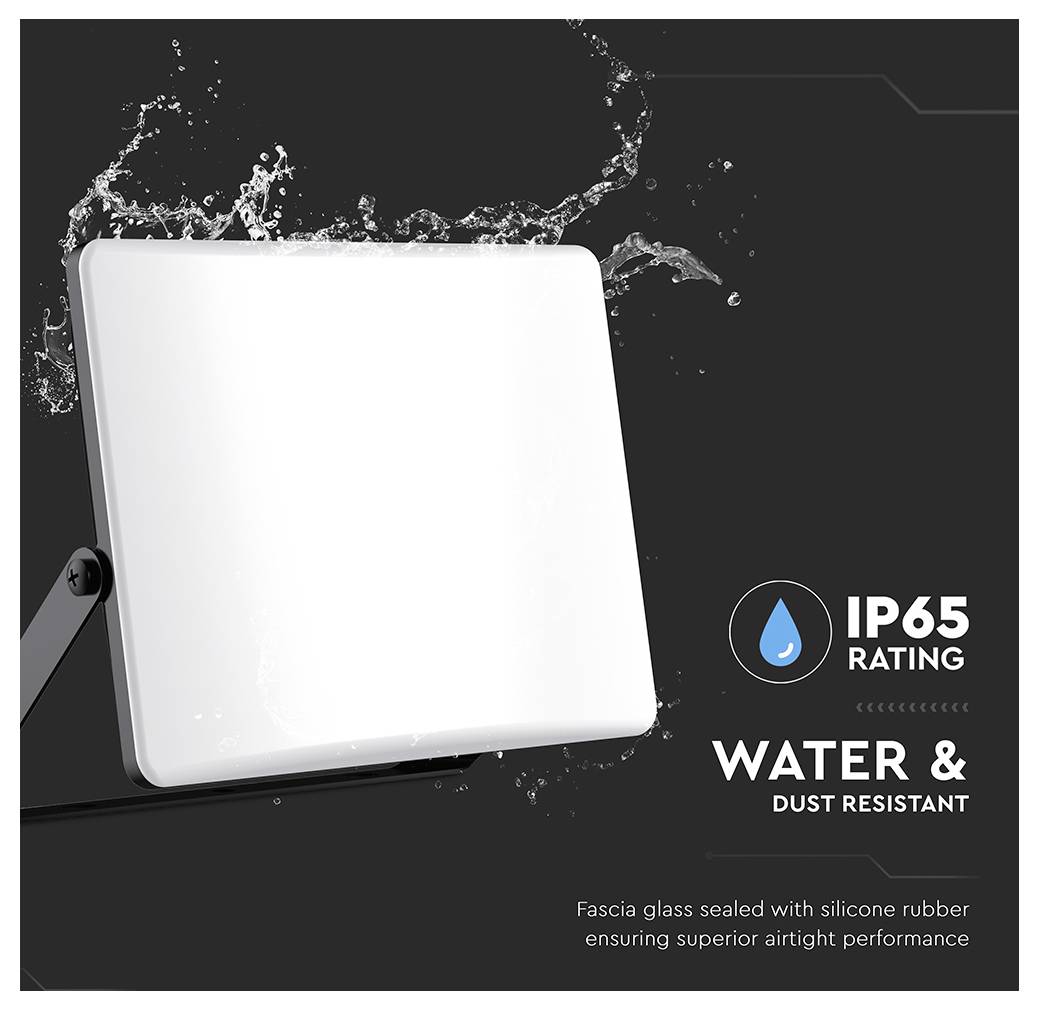 Brightly lit LED light fixture with water splashes, labeled 'IP65 Rating' and 'Water & Dust Resistant,' indicating durability and protection.