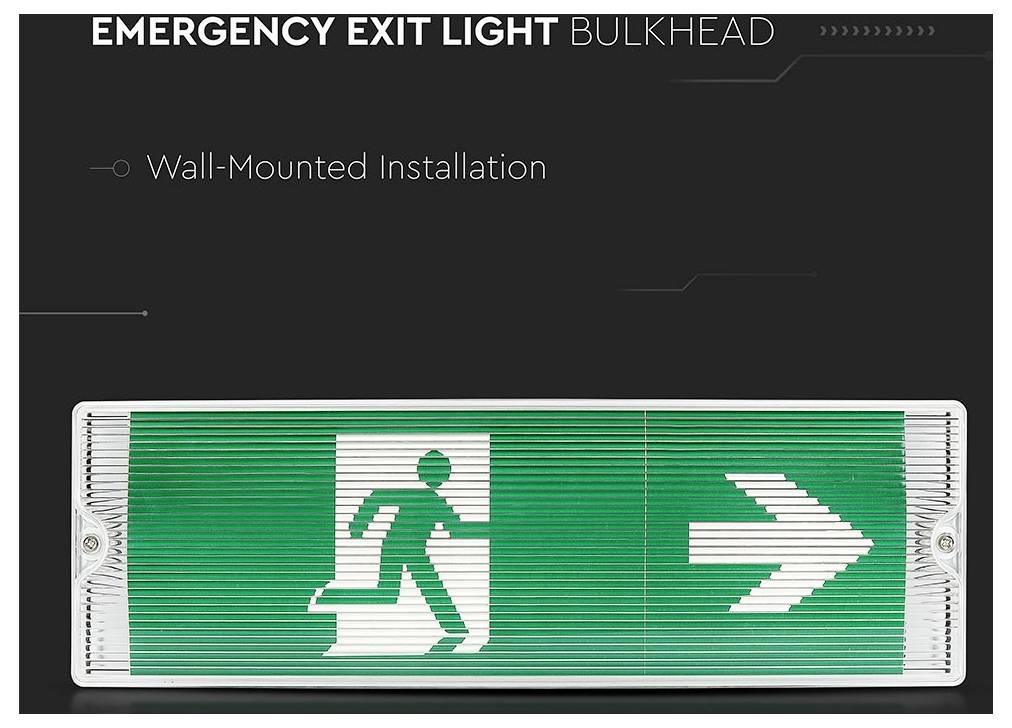 'Emergency exit light showing a figure running through a door, with an arrow pointing right, on a green background.'