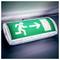 'Emergency exit sign with a running figure pointing right towards a rectangle, indicating the direction to safety.'