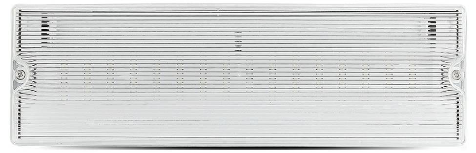 A close-up of a rectangular, clear ribbed plastic light fixture cover with visible mounting screws on each side.