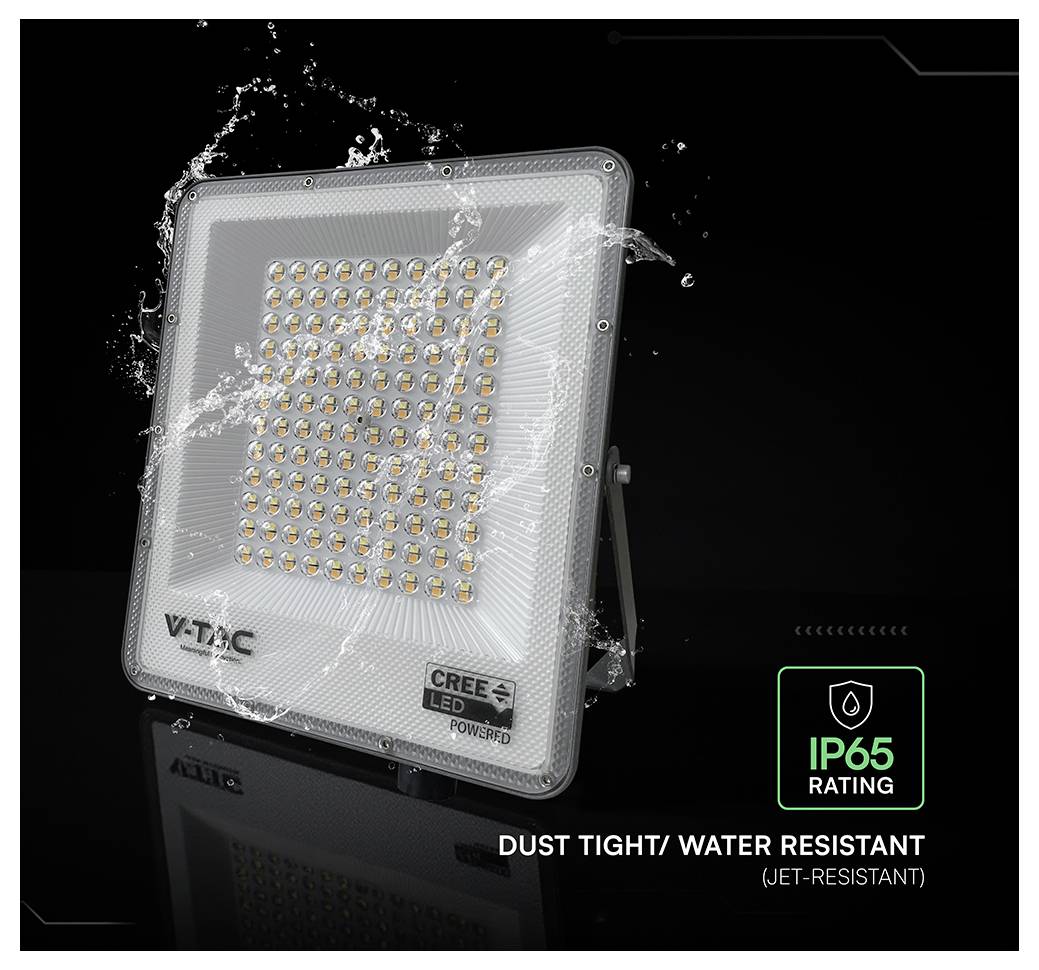 A square LED floodlight is being splashed with water droplets. Text reads 'IP65 Rating Dust Tight/Water Resistant (Jet-Resistant)'.