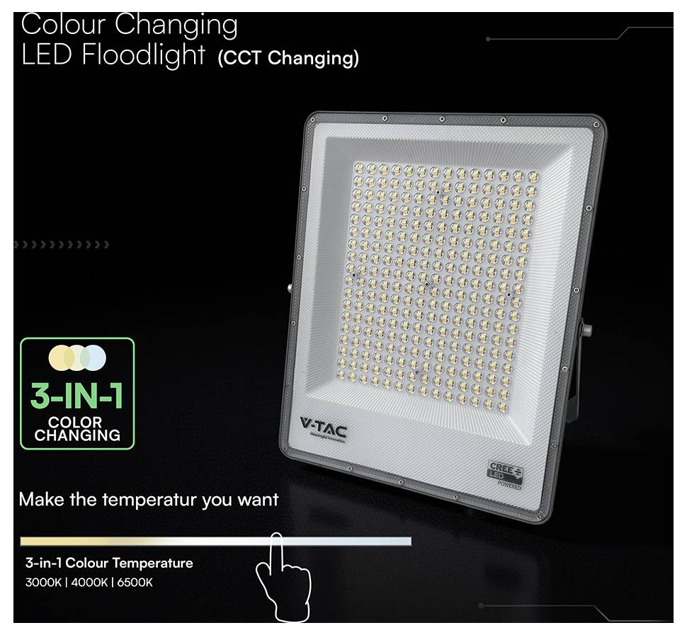 'Colour Changing LED Floodlight (CCT Changing)' and '3-in-1 Color Changing' with options for color temperature: 3000K, 4000K, 6500K.