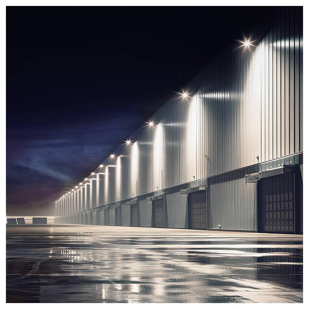A dimly lit warehouse exterior at night, with evenly spaced lights illuminating a series of large closed garage doors. Wet pavement reflects the lights.