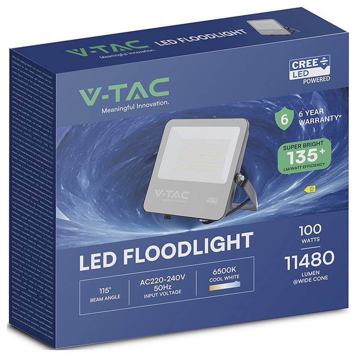'V-TAC LED Floodlight' box with features: '100 watts', '11480 lumen', '6500K cool white', and '5-year warranty'.