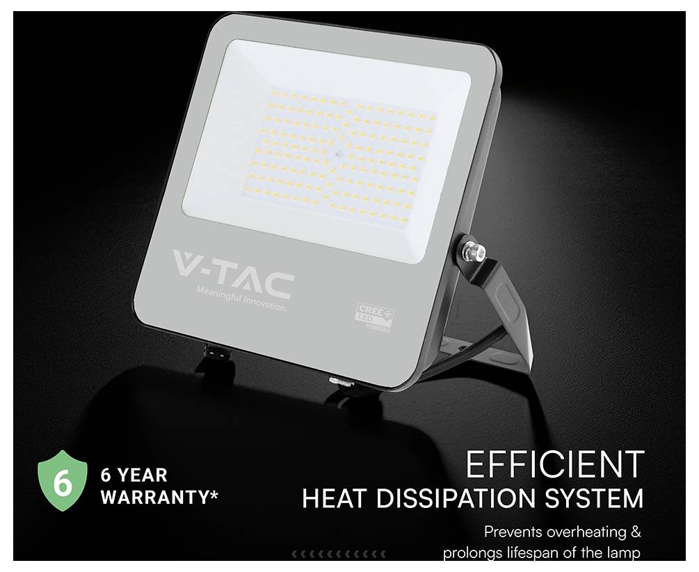 'Image of a V-TAC LED floodlight with a 6-year warranty. Features efficient heat dissipation to prevent overheating and extend lamp lifespan.'