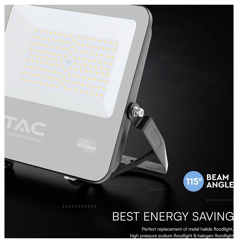 A floodlight with '115° beam angle' text. The floodlight promotes 'Best energy saving' as a replacement for metal halide and sodium floodlights.