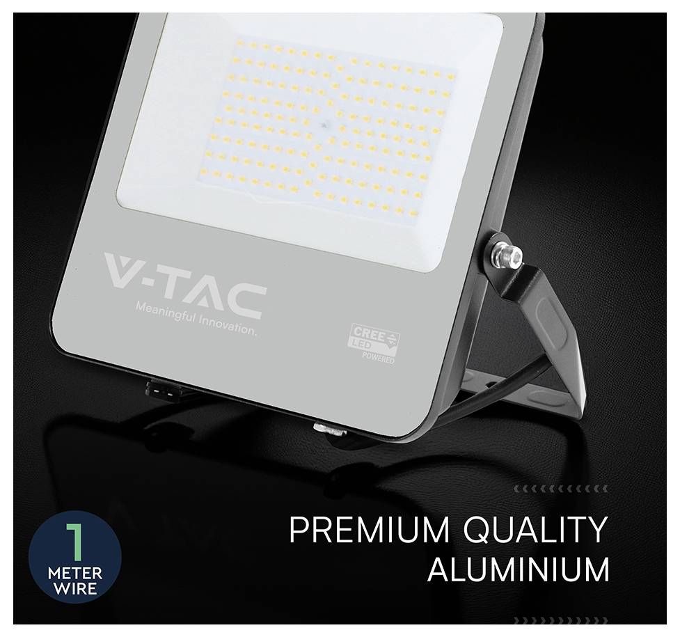 'V-TAC premium quality aluminum LED floodlight with 1-meter wire, featuring durable construction and efficient lighting technology.'