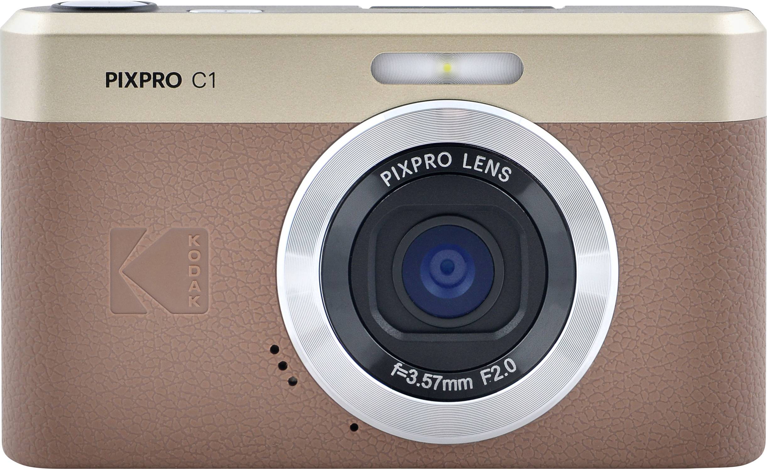 A compact digital camera with a brown leather-like front and a large round lens marked 'PIXPRO LENS F3.57mm F2.0', labeled 'PIXPRO C1'.