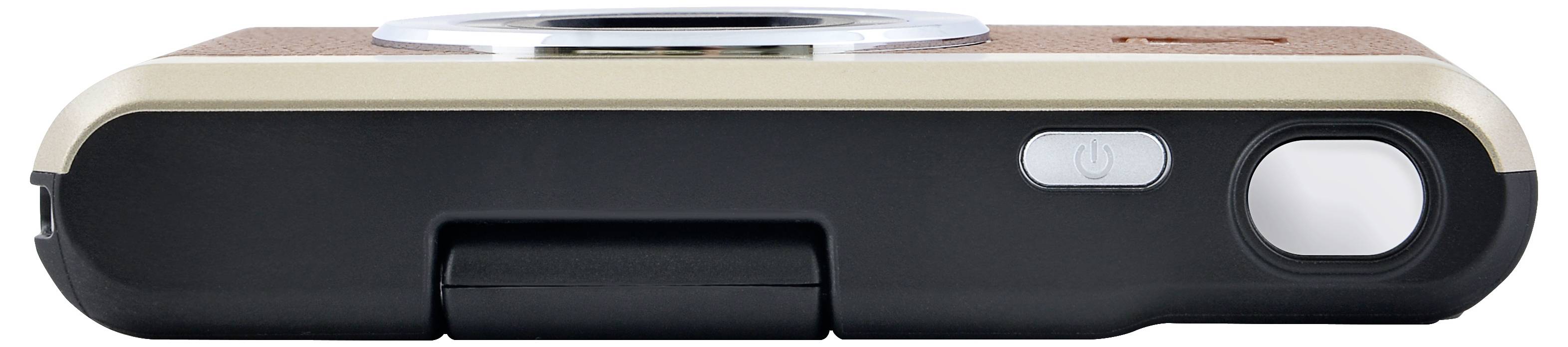A slim, rectangular camera viewed from the side, featuring a brown and black design with a lens at the top and a power button on the side.