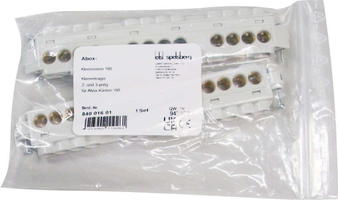 'Abox' connector set in a transparent plastic bag with product label, containing multiple white electrical terminal blocks with brass screw terminals.