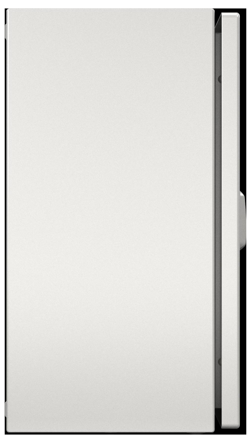 A closed, plain white door with visible hinges on the right, set against a white wall. The door handle is not visible.