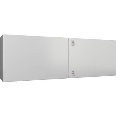 A large, plain white storage cabinet with two doors, each featuring a small lock panel on the upper edges.