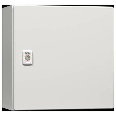 A plain white electrical enclosure with a lockable handle featuring a small logo.