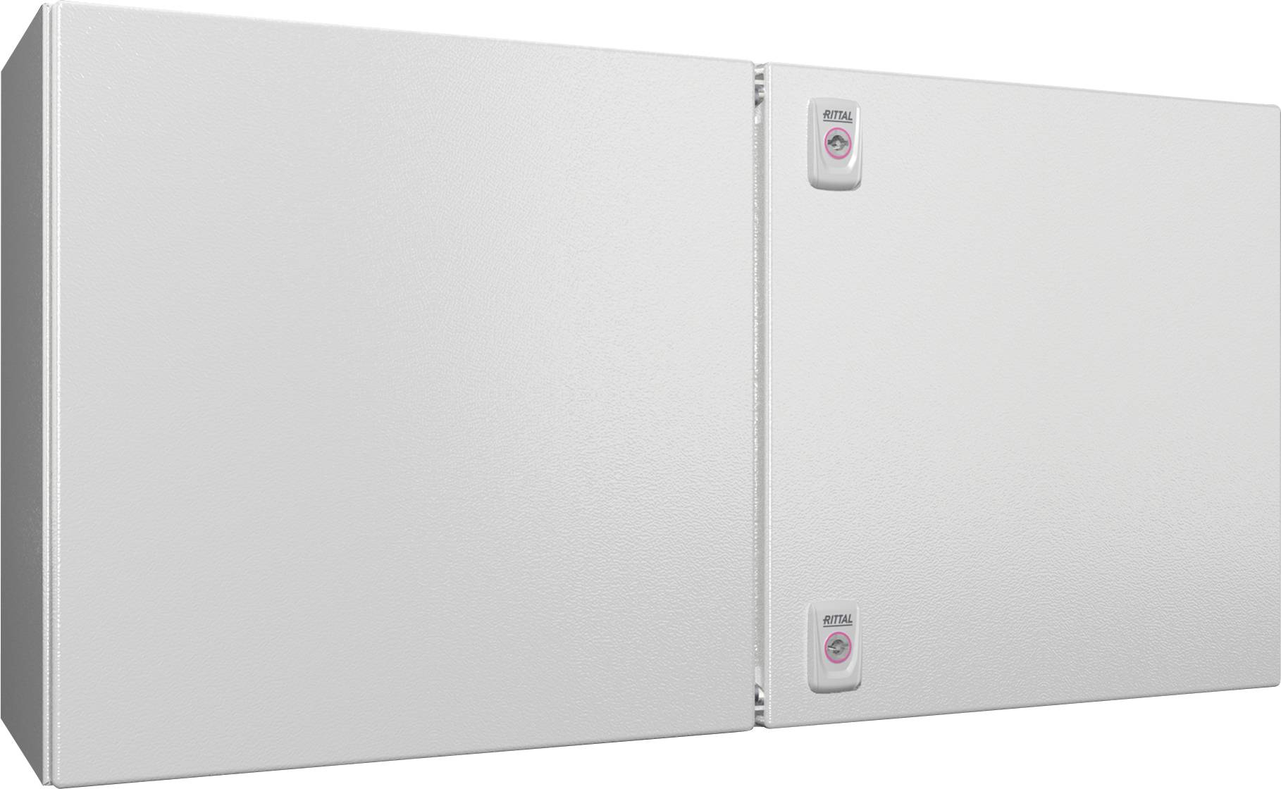 A plain white storage cabinet with two doors and minimal detailing, designed for a functional, modern look, featuring two small locks.