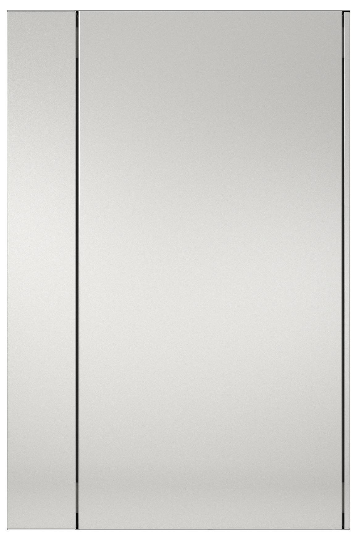 'Tall rectangular mirror with a thin black frame, set against a neutral background, reflecting soft light.'