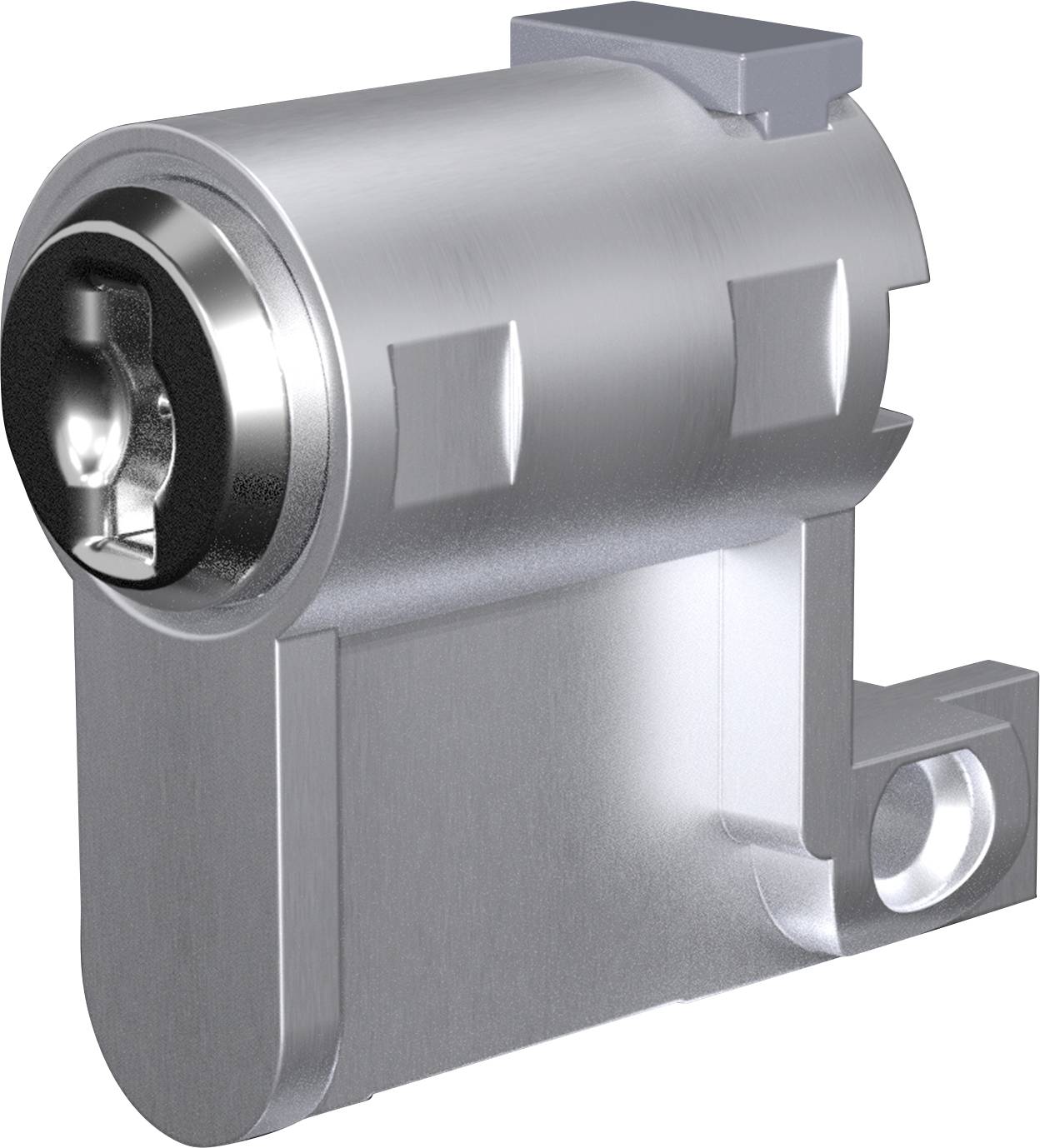 A metallic cam lock with a cylindrical body and a keyhole, used for securing cabinets or drawers. It features a sturdy, compact design.