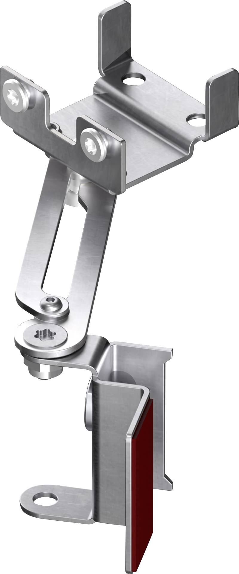 'Interior hinge mechanism showing multiple interlocking metal parts with screws and a red accent piece.'