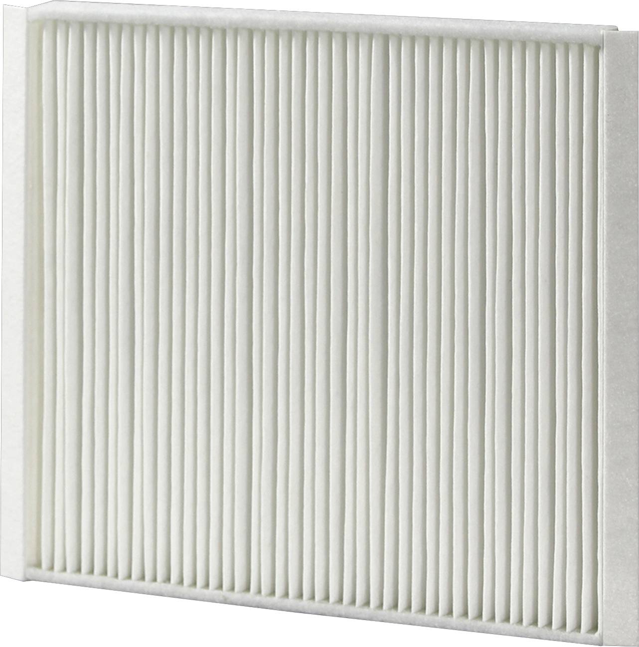An air filter with white pleated fabric positioned vertically, used for trapping dust and particles in an HVAC system.