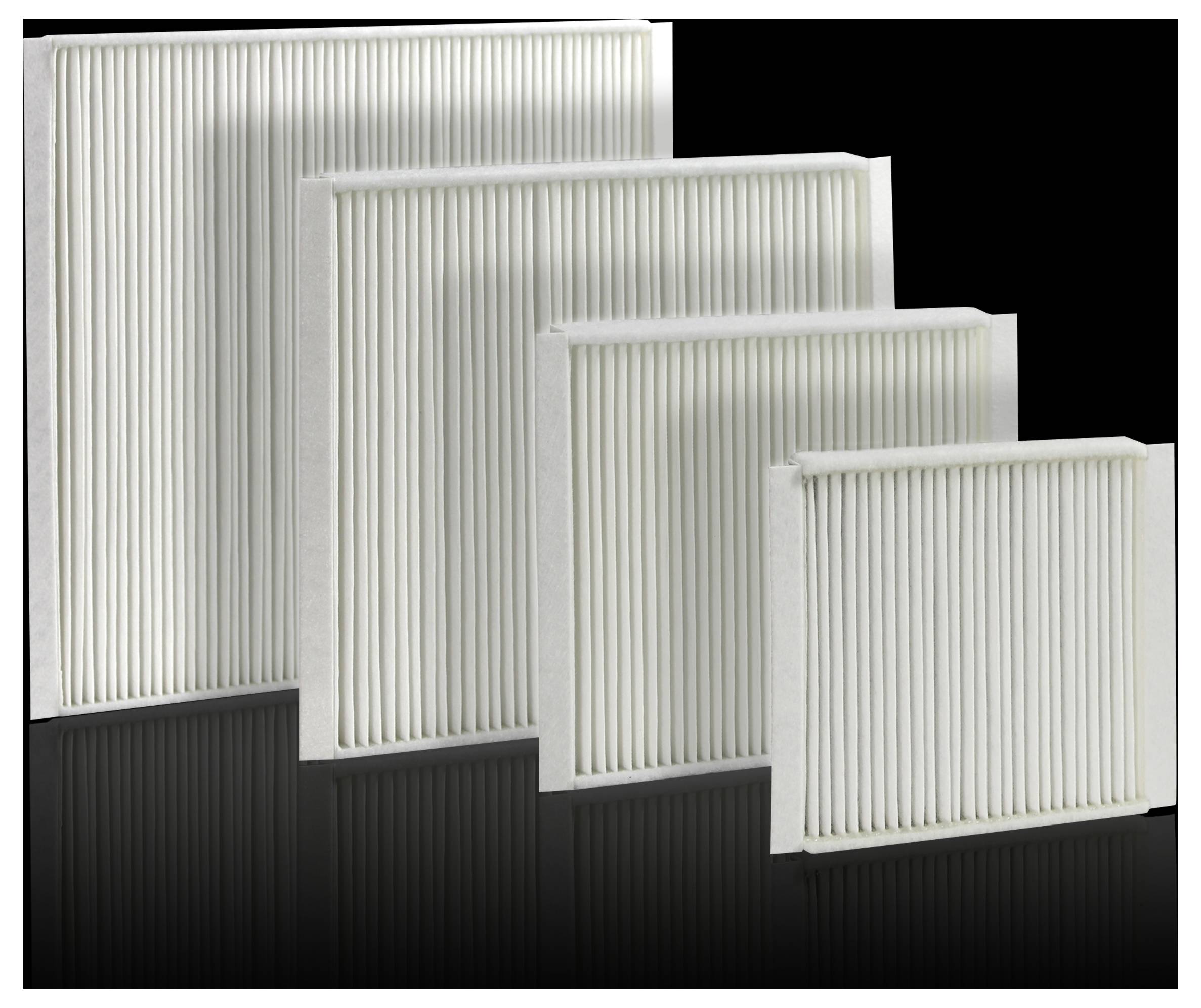 Four pleated air filters of varying sizes, showcased against a black background, illustrating a range of filter options.