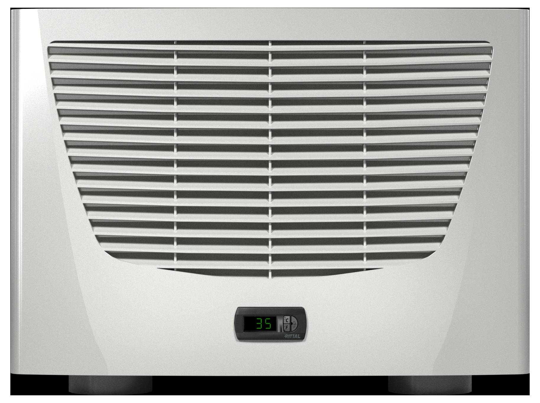 A gray air conditioner unit with horizontal vents and a digital display showing '35' in green.
