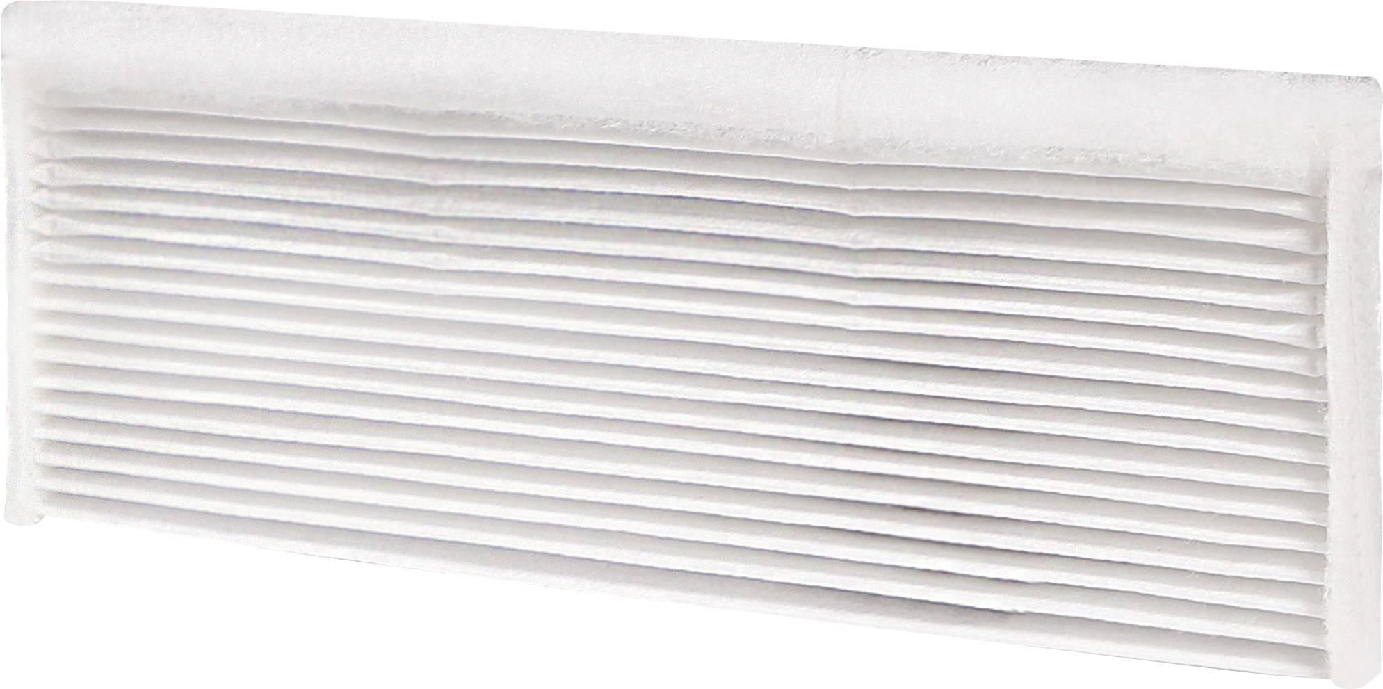 A white pleated air filter with a rectangular shape, used for trapping dust and allergens in HVAC systems.