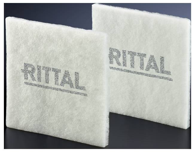 Two white square filters with the word 'RITTAL' printed on them, placed against a dark background.