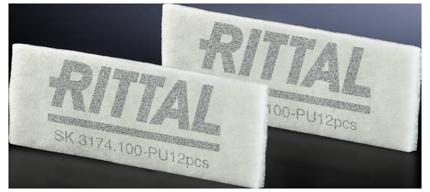 Two rectangular white filters with the word 'RITTAL' printed in bold letters, each labeled 'SK 3174.100-PU12pcs', on a dark background.