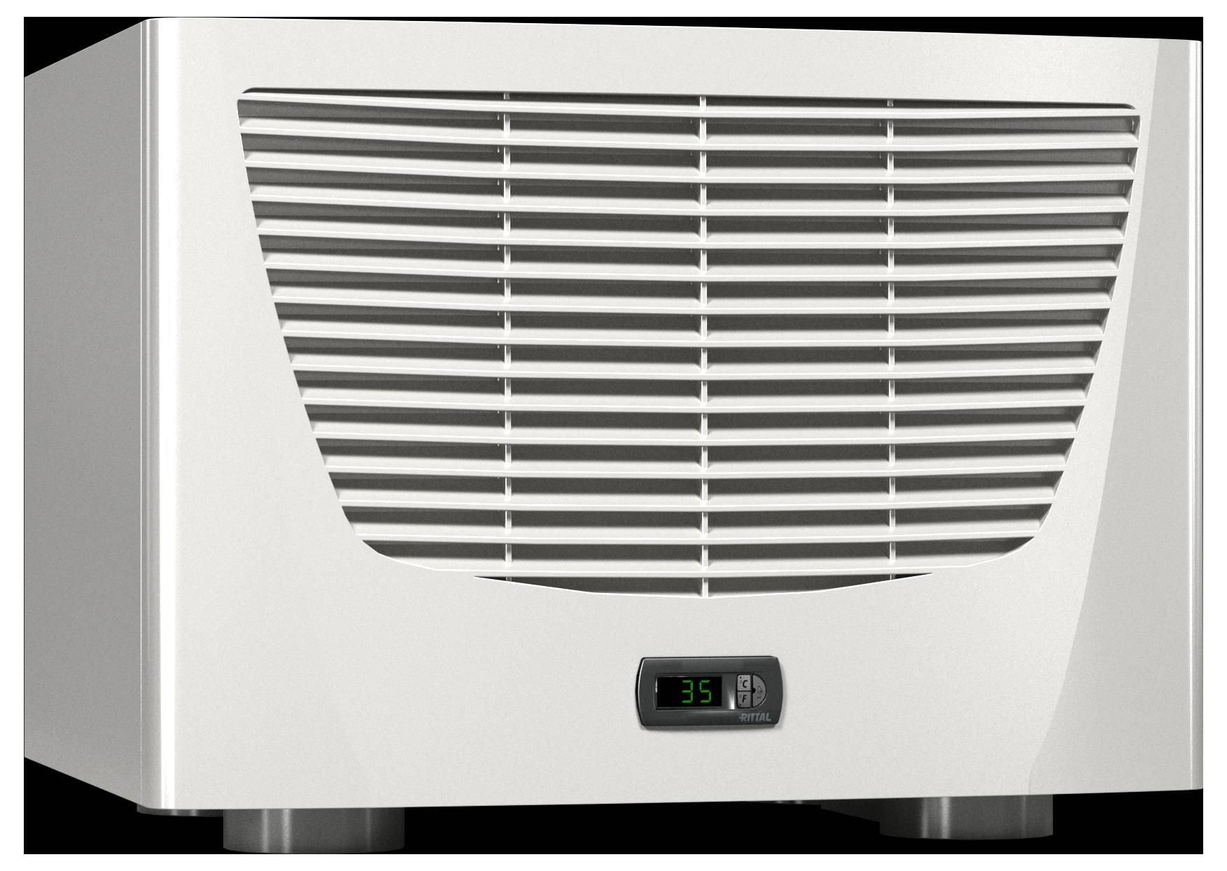 An electronic device with a vented front panel displaying '35' on a digital screen, possibly indicating temperature or settings.