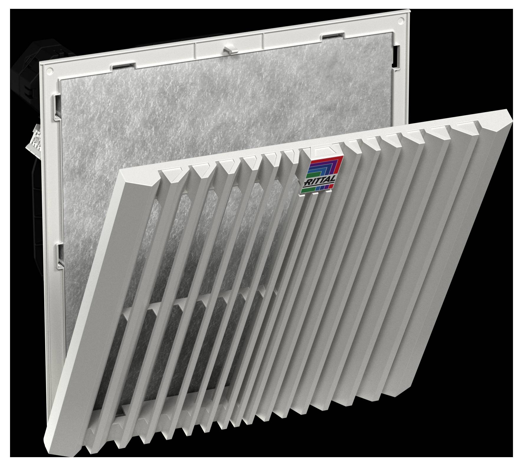 'Rittal TopTherm fan with filter mat; front grill removed, showcasing internal filter component. Designed for electrical enclosure ventilation.'