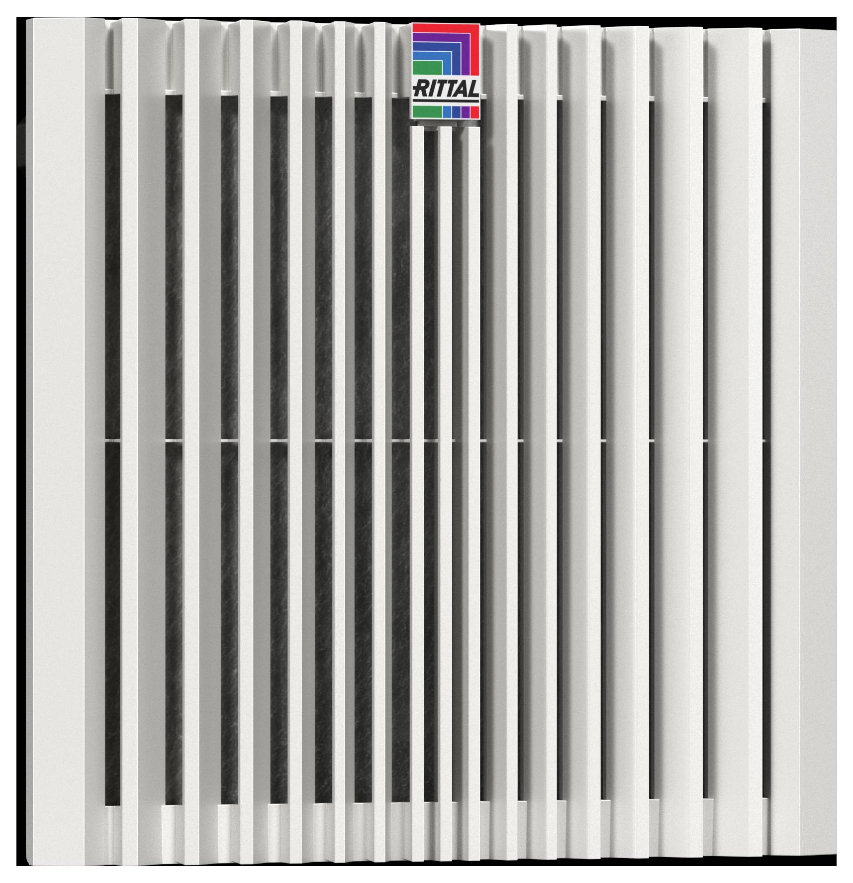 A white vent with vertical slats and a small logo at the top resembling a colored square grid pattern.