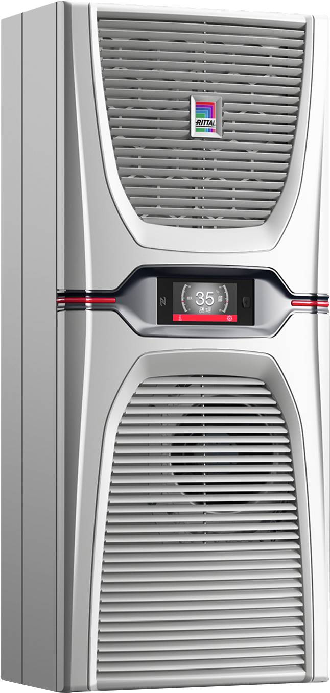 A silver industrial HVAC unit with a digital display reading '35°' and grilles on the top and bottom sections.