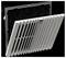 A ventilation grille with slanted openings and a black filter. The grille has a logo with red, blue, green, and purple lines.