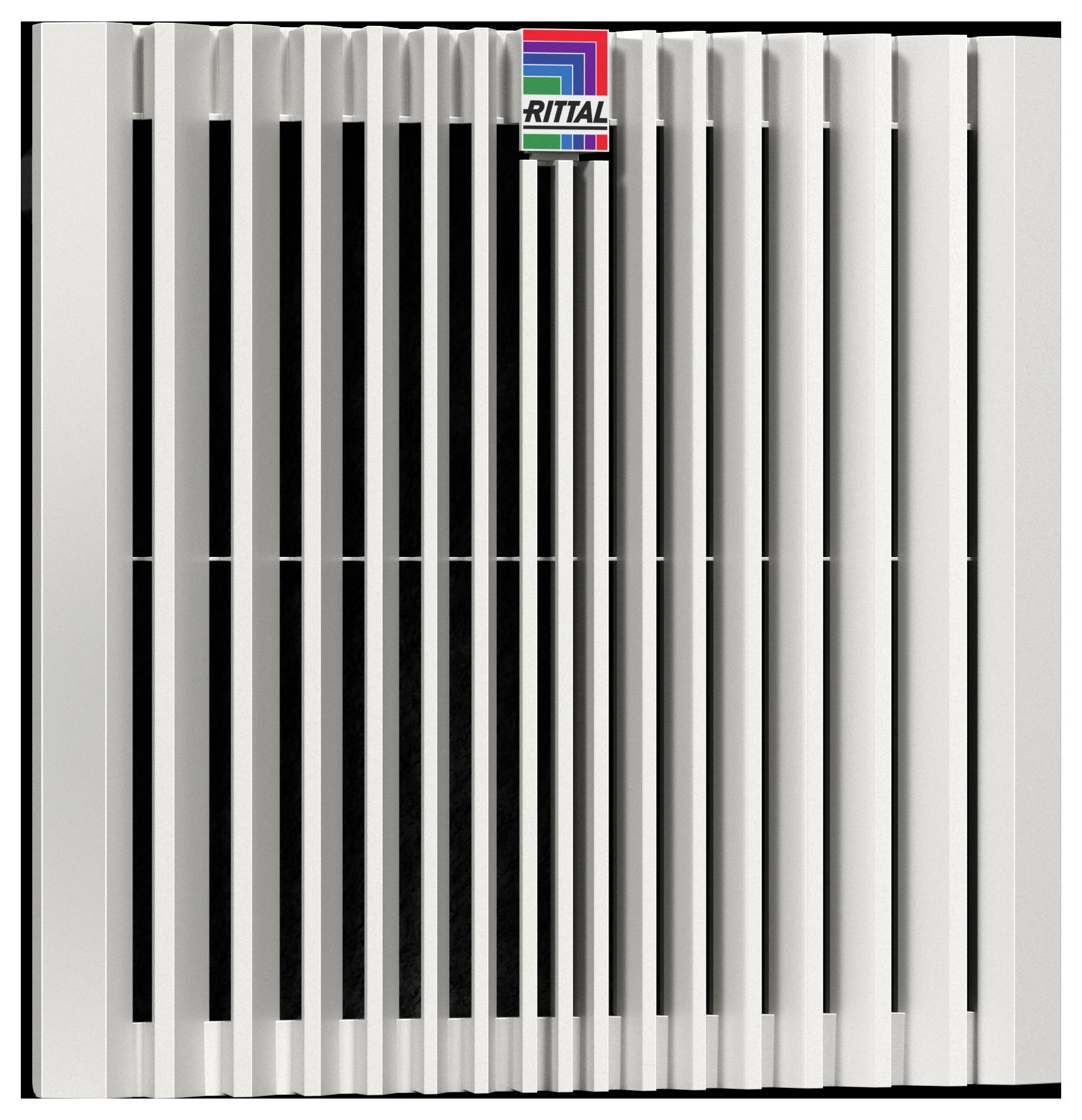 Close-up of a rectangular industrial air vent with vertical slats and a small colorful logo at the top center.