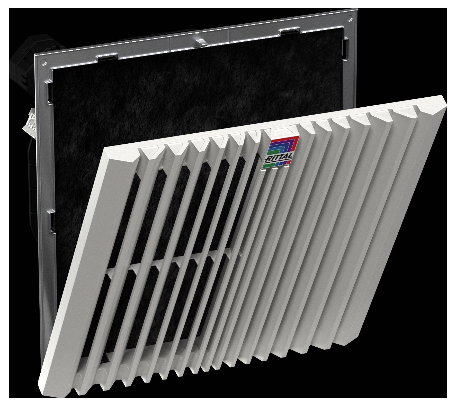Ventilation grill with a filter insert, designed for airflow in electronic enclosures. The grill has angled slats and a logo on the front.