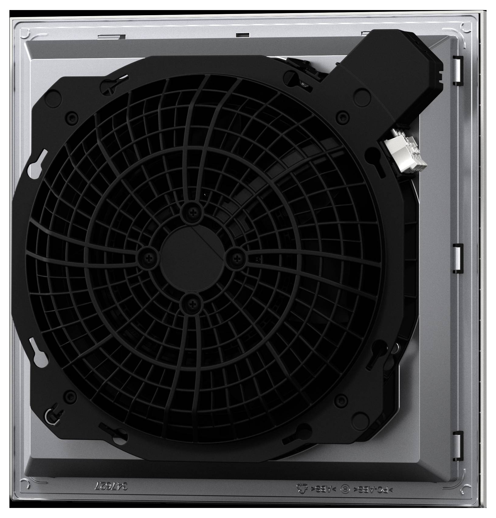 Square industrial fan with a protective black mesh cover, silver frame, and visible power connector, viewed from the front.