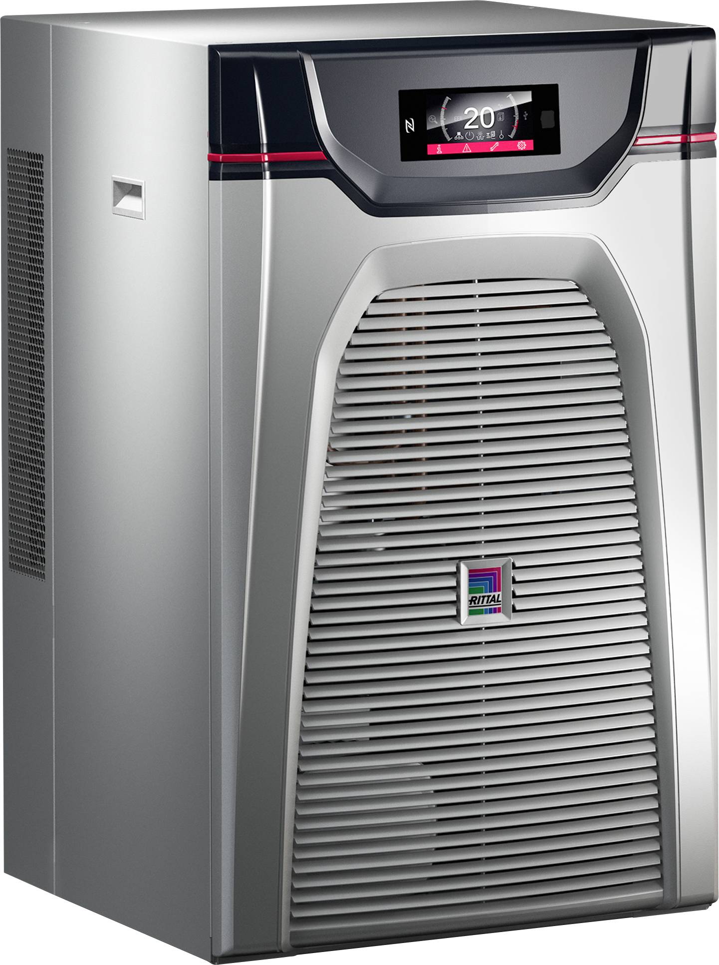 A silver industrial cooling unit with a digital display showing '20°C' and ventilation grilles, used for managing equipment temperature.
