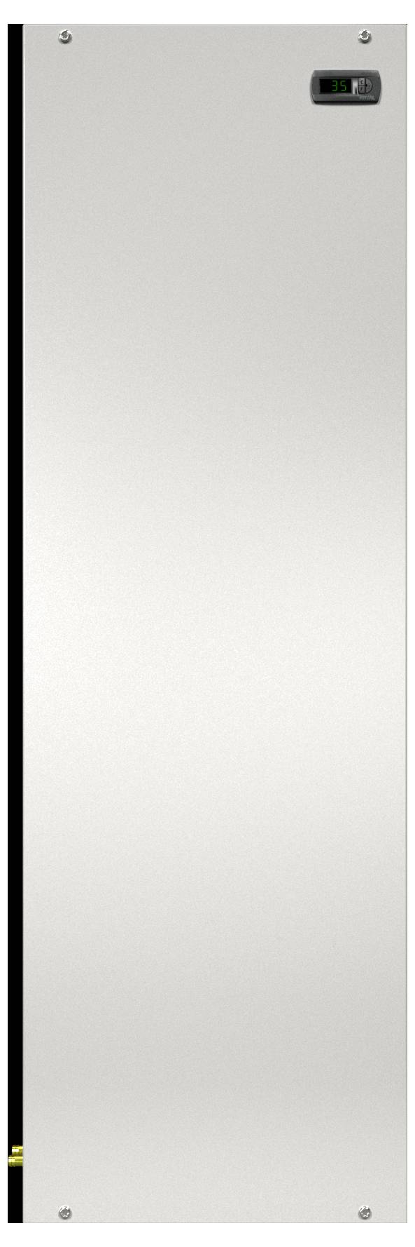 A tall, rectangular white electrical panel with a small digital display at the top right.