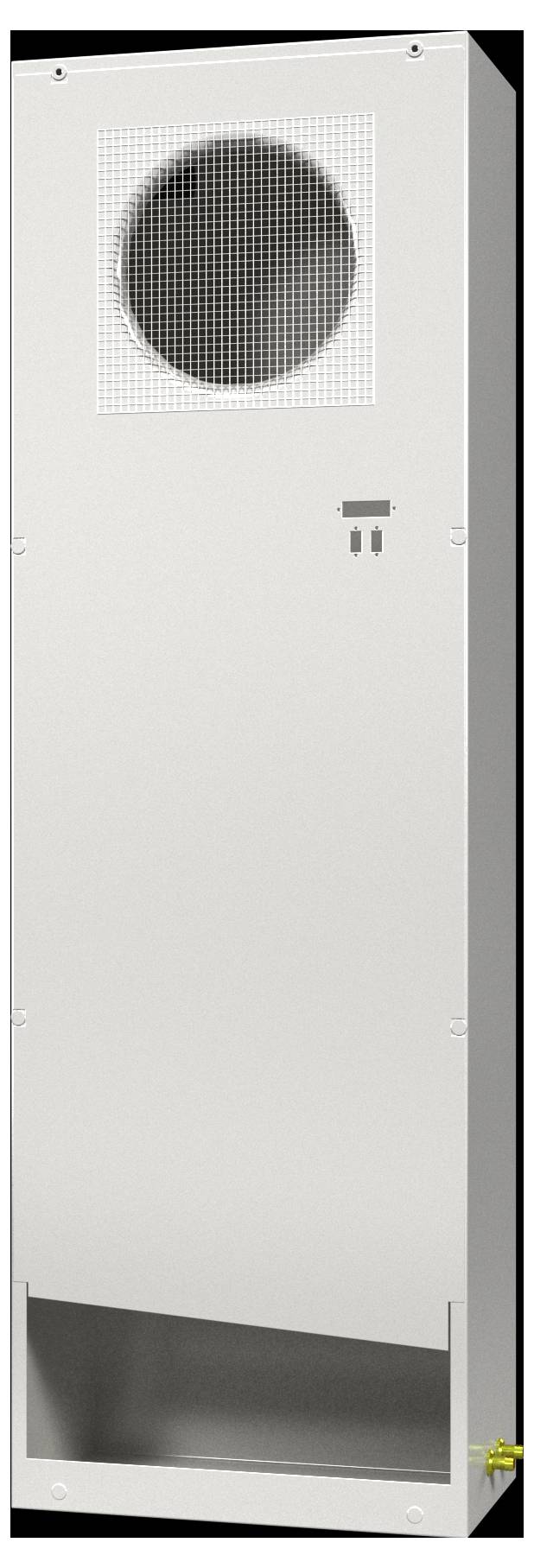 A tall, white vertical cabinet with a circular vent near the top and a slanted opening at the bottom, likely housing electronic components.