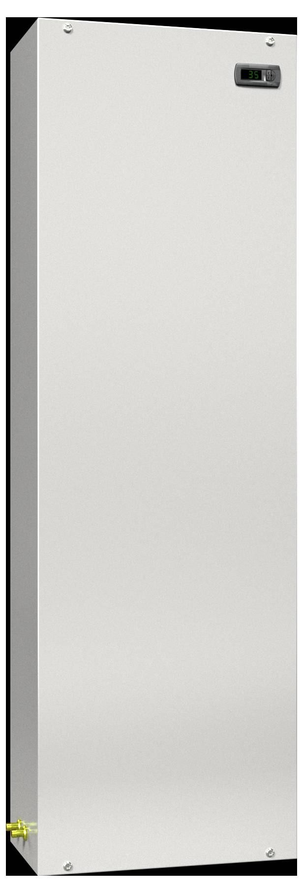 A tall, rectangular grey metal cabinet with a digital display at the top, suitable for housing electronic or electrical components.